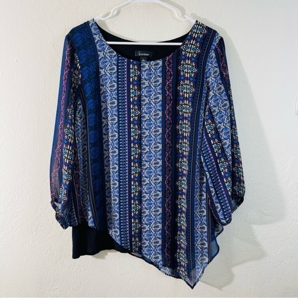 B. Design Asymmetrical Floral Print 3/4 Sleeve Blouse Women Size L Blue/Black
